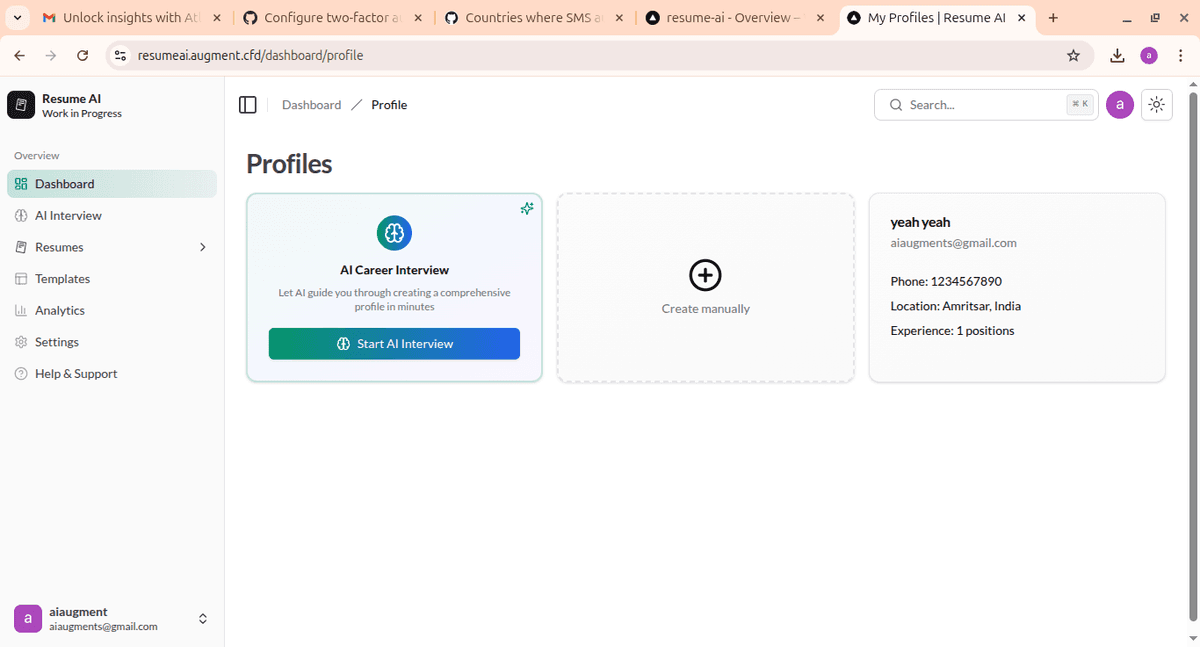 AI Resume & Career Assistant Dashboard Screenshot